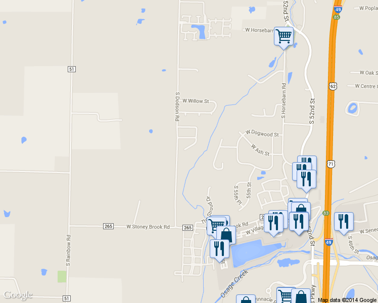 map of restaurants, bars, coffee shops, grocery stores, and more near 811 Brookside Court in Rogers