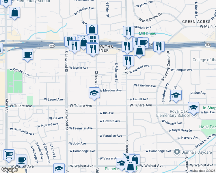 map of restaurants, bars, coffee shops, grocery stores, and more near 4004 West Meadow Avenue in Visalia