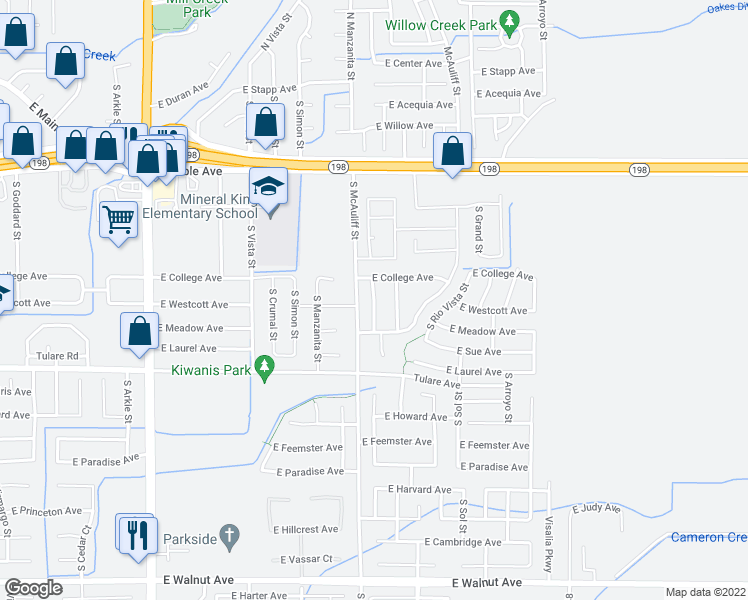 map of restaurants, bars, coffee shops, grocery stores, and more near 905 South Laguna Street in Visalia