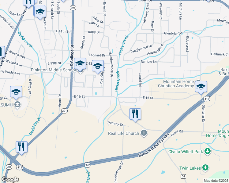 map of restaurants, bars, coffee shops, grocery stores, and more near 1511 Meadowbrook Drive in Mountain Home
