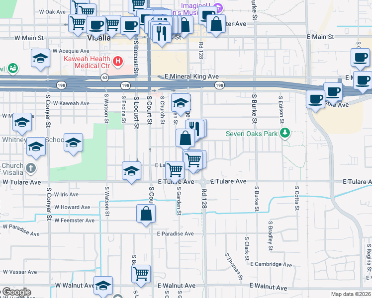 map of restaurants, bars, coffee shops, grocery stores, and more near 701 South Bridge Street in Visalia