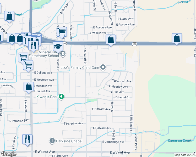 map of restaurants, bars, coffee shops, grocery stores, and more near 906 South Elverta Street in Visalia
