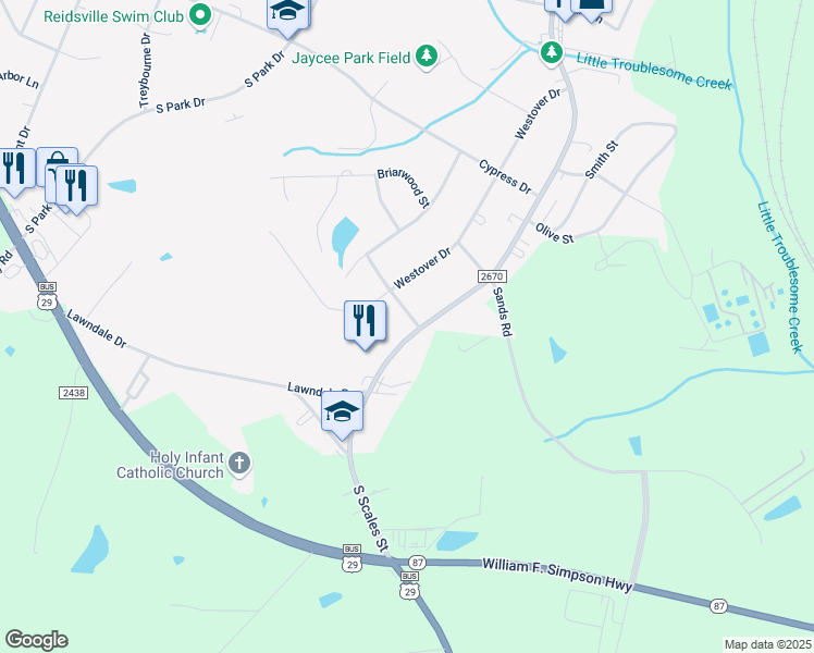 map of restaurants, bars, coffee shops, grocery stores, and more near 2324 South Scales Street in Reidsville