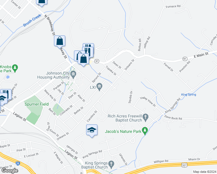 map of restaurants, bars, coffee shops, grocery stores, and more near 1311 Orleans Street in Johnson City