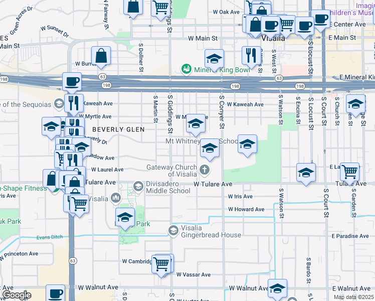 map of restaurants, bars, coffee shops, grocery stores, and more near 916 South Oak Park Street in Visalia