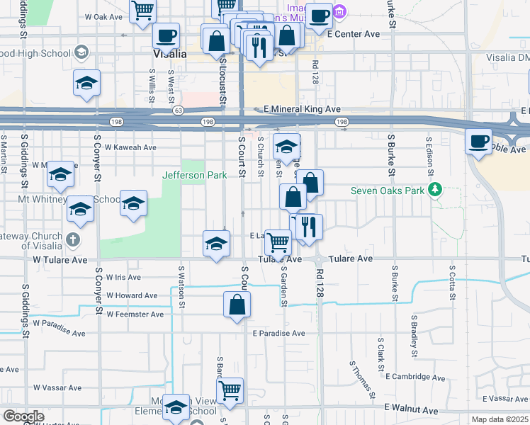 map of restaurants, bars, coffee shops, grocery stores, and more near 217 East Sequoia Avenue in Visalia