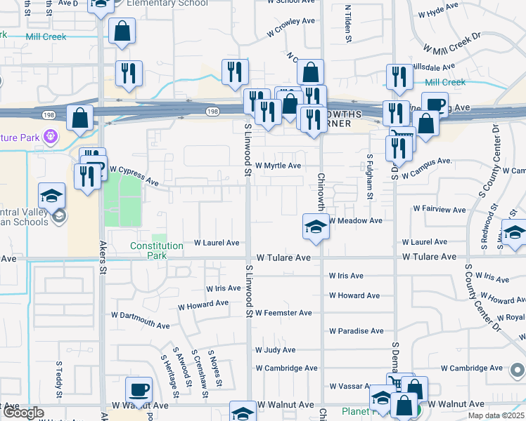 map of restaurants, bars, coffee shops, grocery stores, and more near 4444 West Meadow Avenue in Visalia