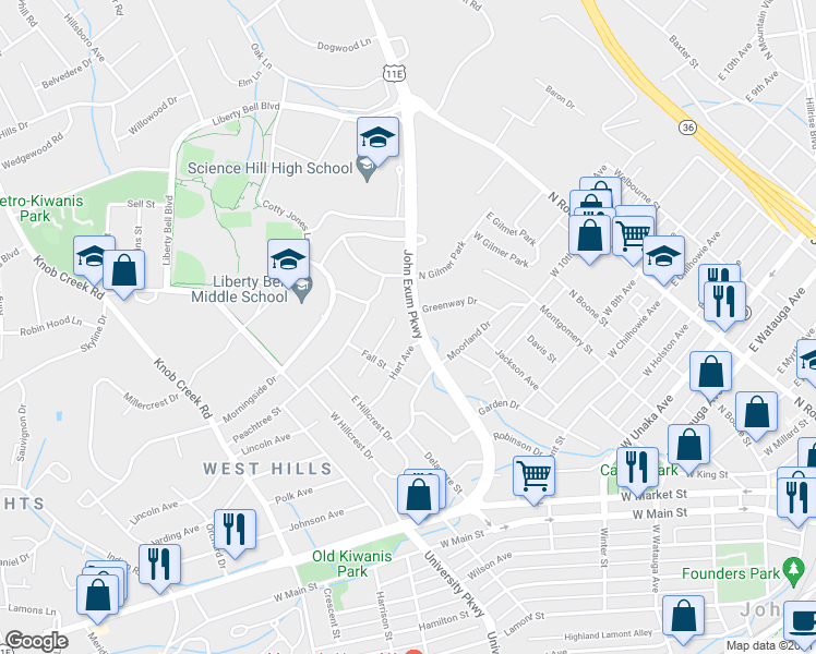 map of restaurants, bars, coffee shops, grocery stores, and more near 1203 John Exum Parkway in Johnson City