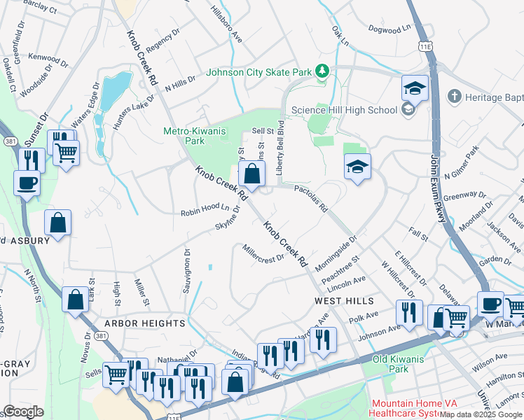 map of restaurants, bars, coffee shops, grocery stores, and more near 1402 Knob Creek Road in Johnson City