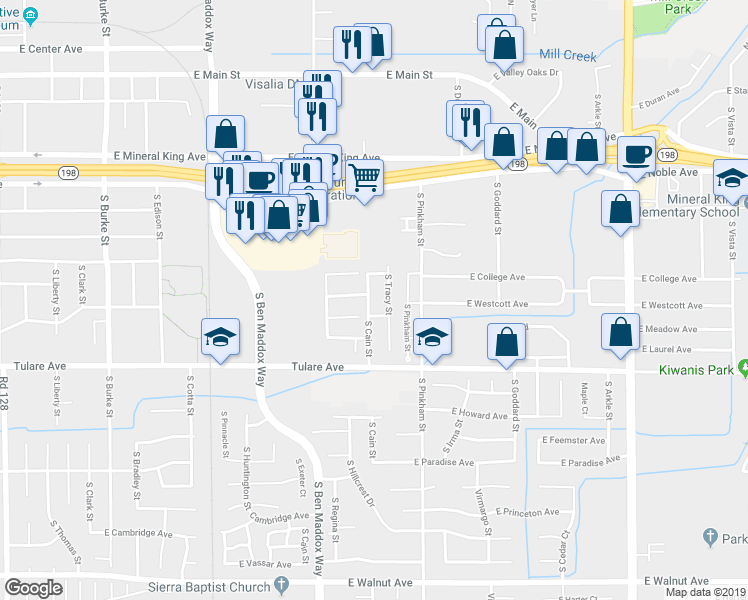 map of restaurants, bars, coffee shops, grocery stores, and more near 914 South Cain Street in Visalia