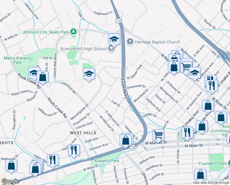 map of restaurants, bars, coffee shops, grocery stores, and more near 107 Peachtree Street in Johnson City