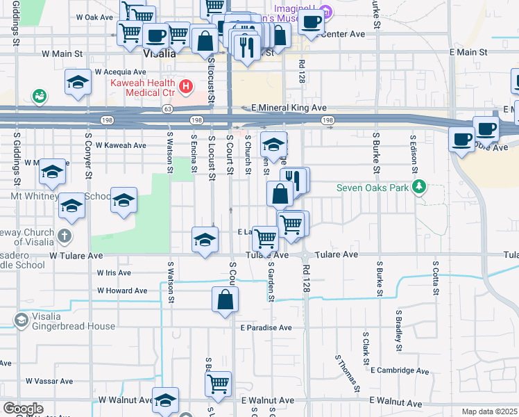 map of restaurants, bars, coffee shops, grocery stores, and more near 217 East Sequoia Avenue in Visalia
