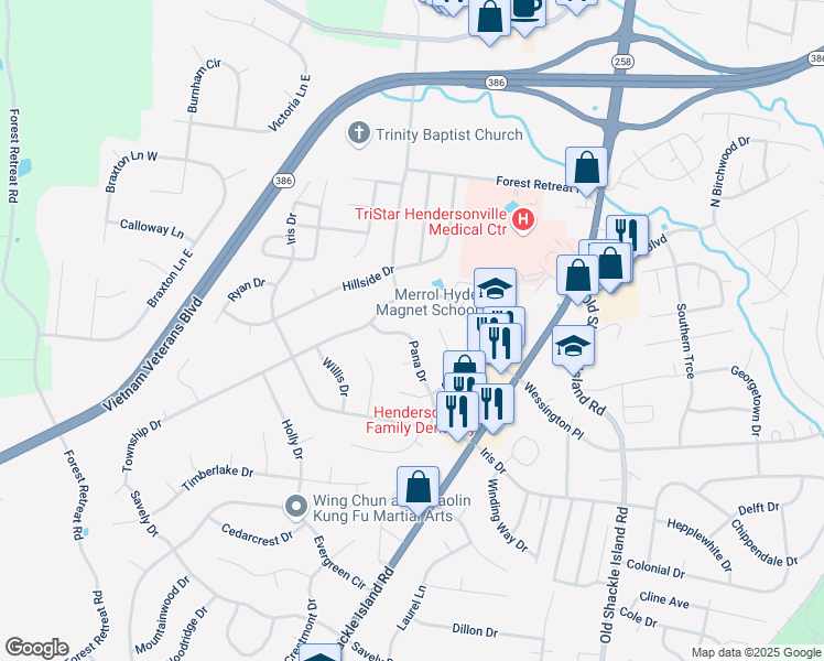 map of restaurants, bars, coffee shops, grocery stores, and more near 120 Pana Drive in Hendersonville