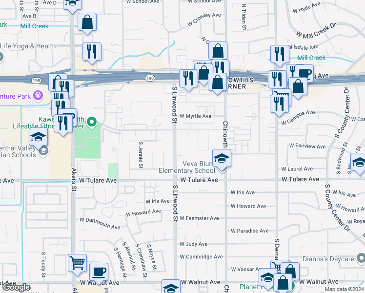 map of restaurants, bars, coffee shops, grocery stores, and more near 4444 West Meadow Avenue in Visalia