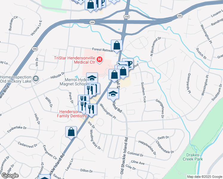 map of restaurants, bars, coffee shops, grocery stores, and more near 262 New Shackle Island Road in Hendersonville