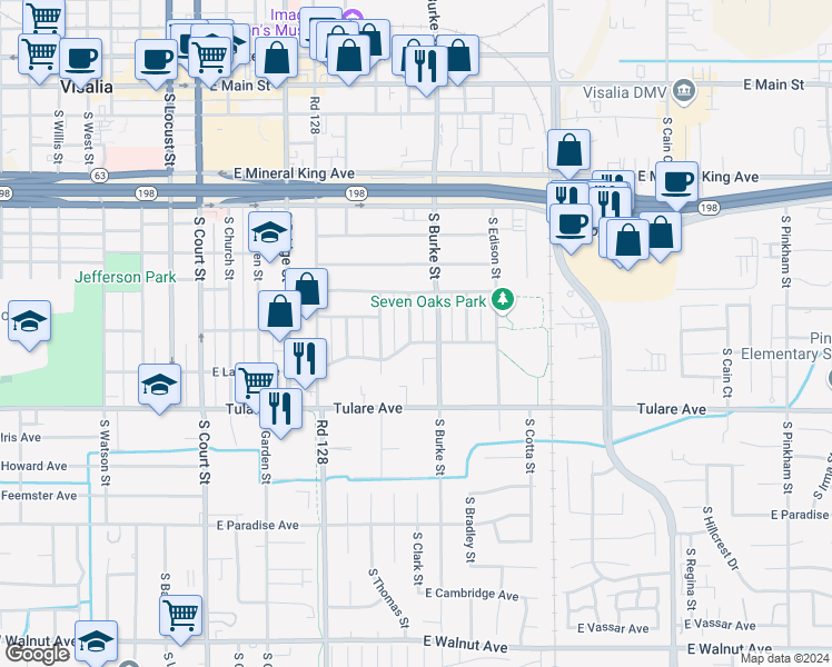 map of restaurants, bars, coffee shops, grocery stores, and more near 910 South Clark Street in Visalia