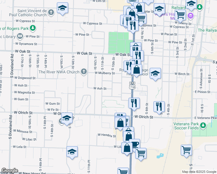 map of restaurants, bars, coffee shops, grocery stores, and more near 1005 West Ash Street in Rogers