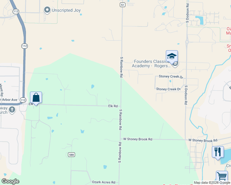 map of restaurants, bars, coffee shops, grocery stores, and more near 1676 South Rainbow Road in Rogers