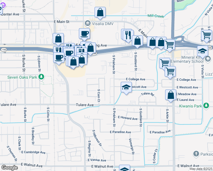 map of restaurants, bars, coffee shops, grocery stores, and more near 912 South Tracy Street in Visalia