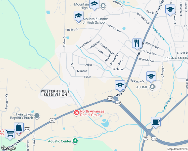 map of restaurants, bars, coffee shops, grocery stores, and more near 1714 Fuller in Mountain Home