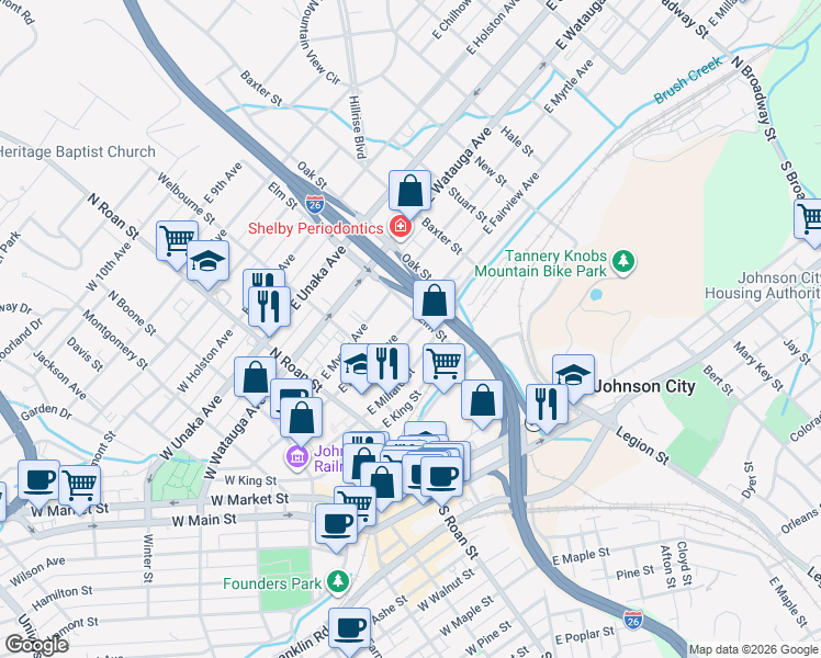 map of restaurants, bars, coffee shops, grocery stores, and more near 220 East Fairview Avenue in Johnson City