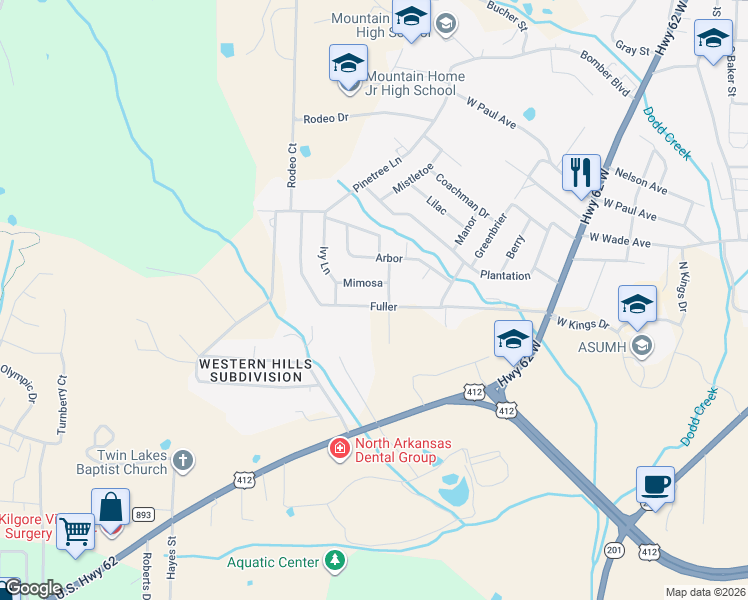 map of restaurants, bars, coffee shops, grocery stores, and more near 1904 Fuller in Mountain Home