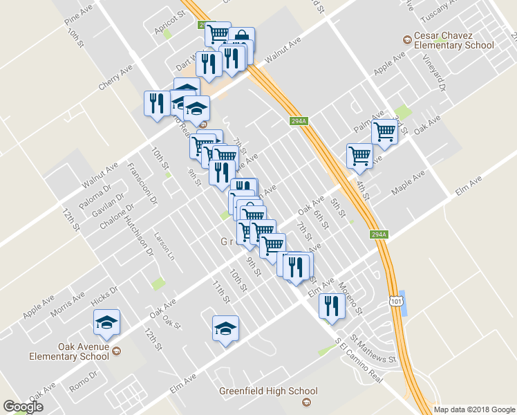 map of restaurants, bars, coffee shops, grocery stores, and more near 239 8th Street in Greenfield