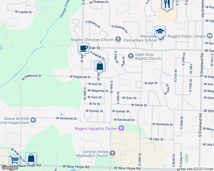 map of restaurants, bars, coffee shops, grocery stores, and more near 1009 South 27th Street in Rogers