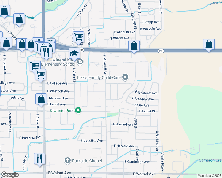 map of restaurants, bars, coffee shops, grocery stores, and more near 904 Laguna Street in Visalia