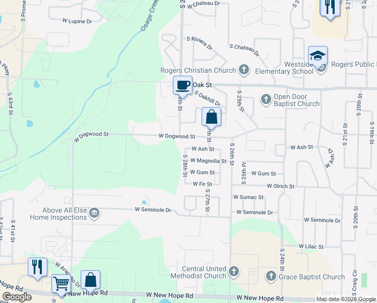 map of restaurants, bars, coffee shops, grocery stores, and more near 2720 West Ash Street in Rogers