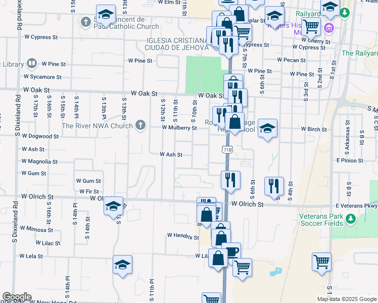 map of restaurants, bars, coffee shops, grocery stores, and more near 1210 South 10th Street in Rogers
