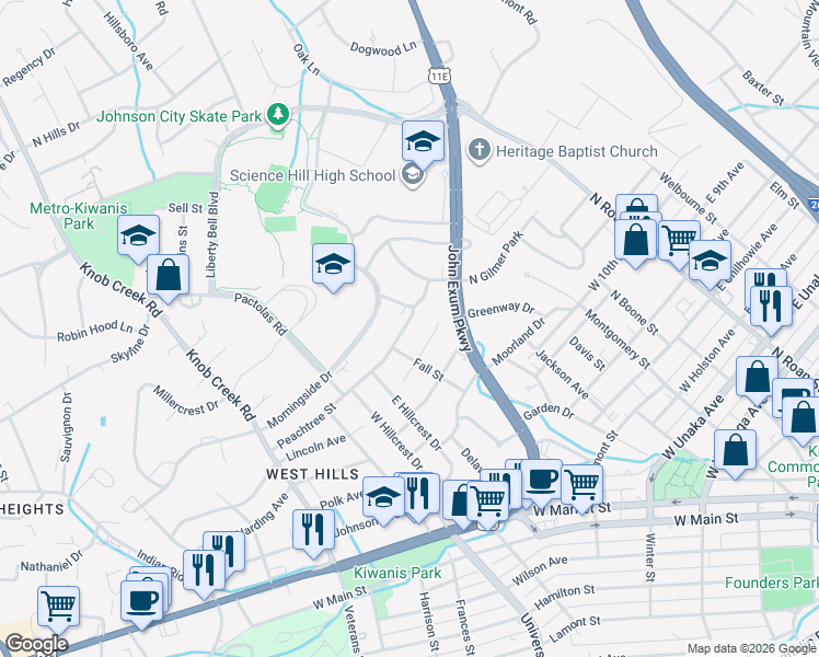 map of restaurants, bars, coffee shops, grocery stores, and more near 107 Peachtree Street in Johnson City