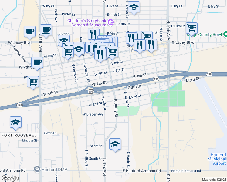 map of restaurants, bars, coffee shops, grocery stores, and more near 2 East 3rd Street in Hanford