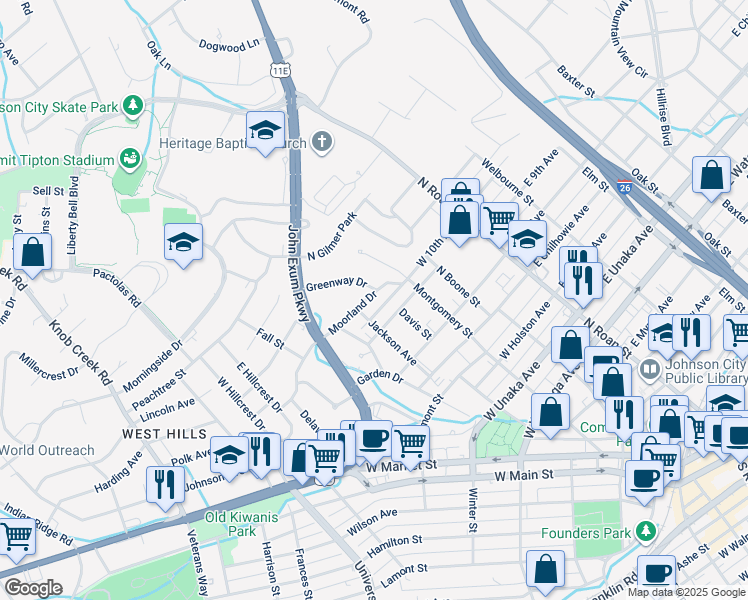 map of restaurants, bars, coffee shops, grocery stores, and more near 309 Moorland Drive in Johnson City