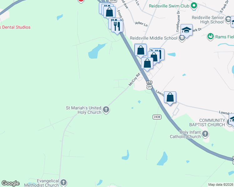 map of restaurants, bars, coffee shops, grocery stores, and more near 116 McCoy Road in Reidsville