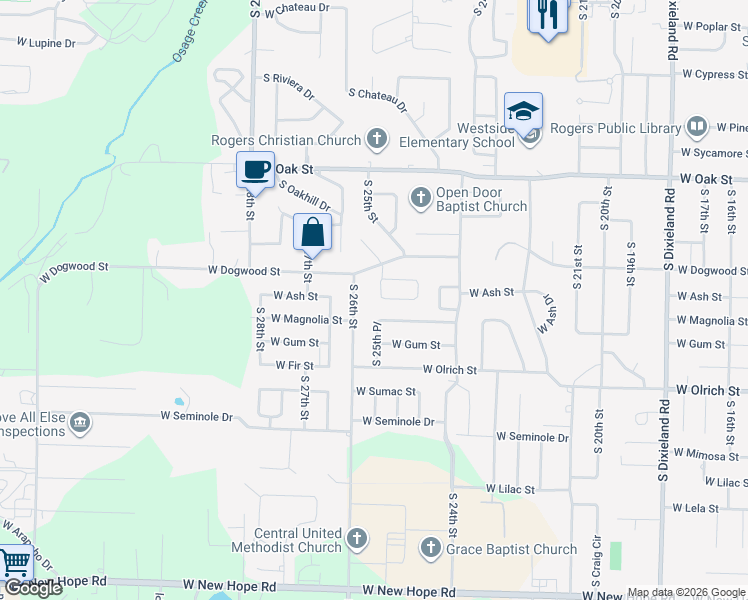 map of restaurants, bars, coffee shops, grocery stores, and more near 1012 South 25th Place in Rogers