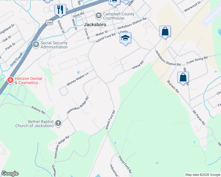 map of restaurants, bars, coffee shops, grocery stores, and more near 415 Island Ford Rd in Jacksboro