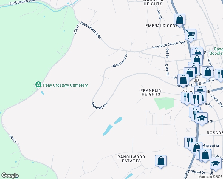 map of restaurants, bars, coffee shops, grocery stores, and more near 435 Moncrief Avenue in Goodlettsville