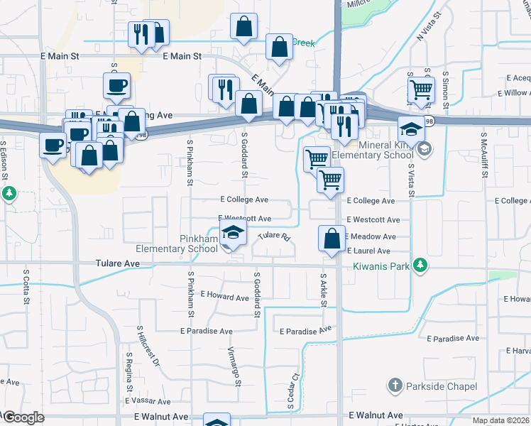 map of restaurants, bars, coffee shops, grocery stores, and more near 2502 E Westcott Ave in Visalia