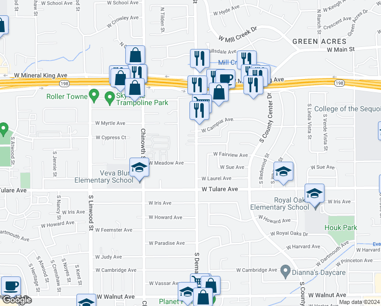 map of restaurants, bars, coffee shops, grocery stores, and more near 911 South Demaree Street in Visalia