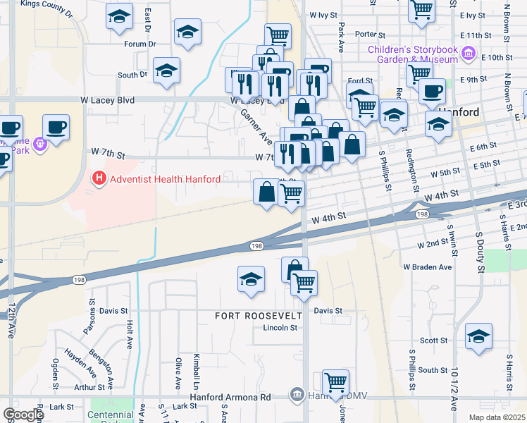map of restaurants, bars, coffee shops, grocery stores, and more near West 5th Street in Hanford