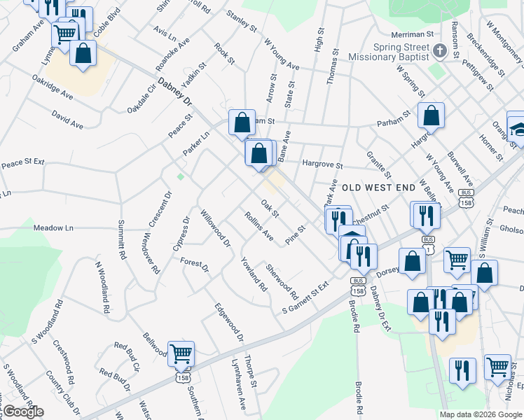 map of restaurants, bars, coffee shops, grocery stores, and more near 423 Oak Street in Henderson