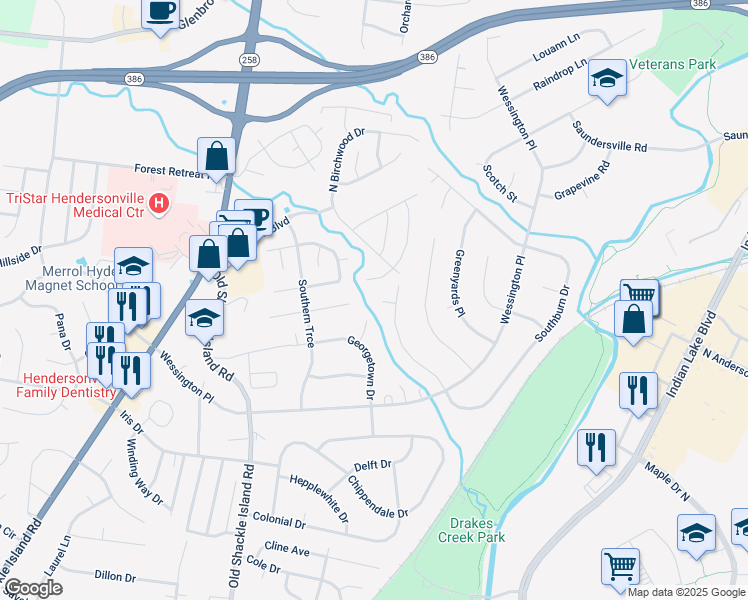 map of restaurants, bars, coffee shops, grocery stores, and more near 106 Rosewood Court in Hendersonville