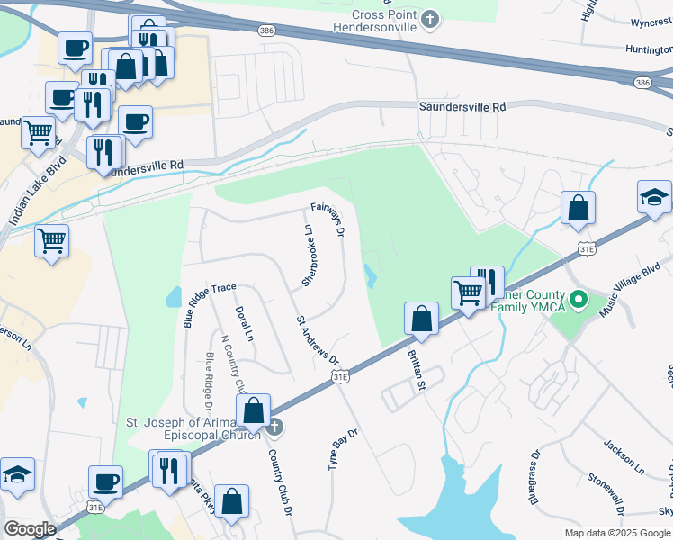 map of restaurants, bars, coffee shops, grocery stores, and more near 113 Fairways Drive in Hendersonville