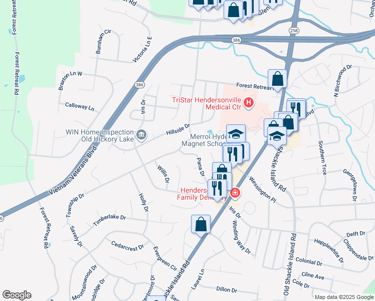 map of restaurants, bars, coffee shops, grocery stores, and more near 135 Township Drive in Hendersonville
