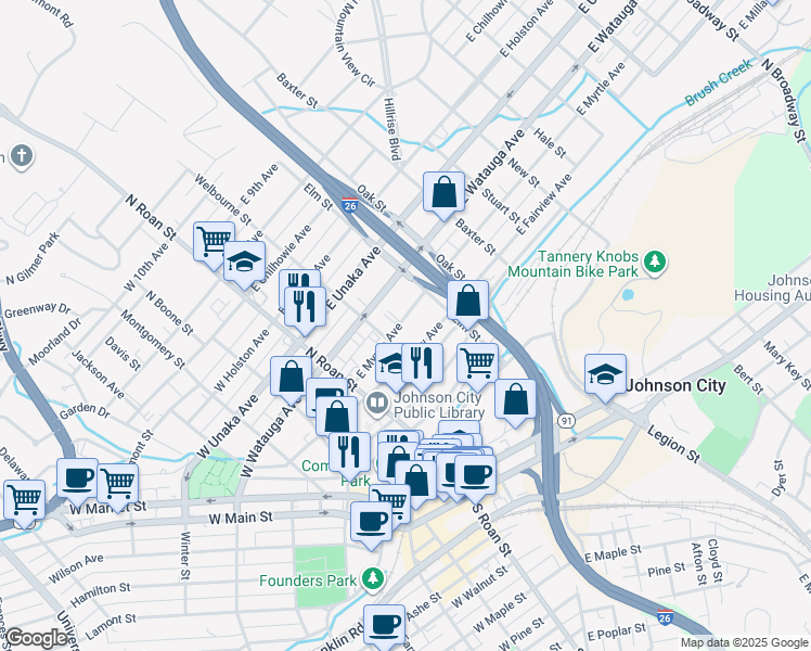 map of restaurants, bars, coffee shops, grocery stores, and more near 212 East Myrtle Avenue in Johnson City