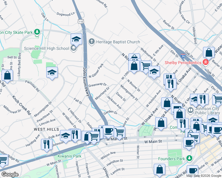 map of restaurants, bars, coffee shops, grocery stores, and more near 309 Moorland Drive in Johnson City