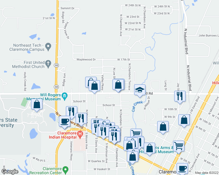 map of restaurants, bars, coffee shops, grocery stores, and more near 1390 West Blue Starr Drive in Claremore
