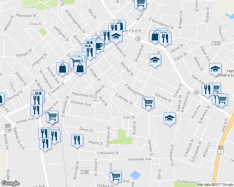 map of restaurants, bars, coffee shops, grocery stores, and more near 517 East Winder Street in Henderson