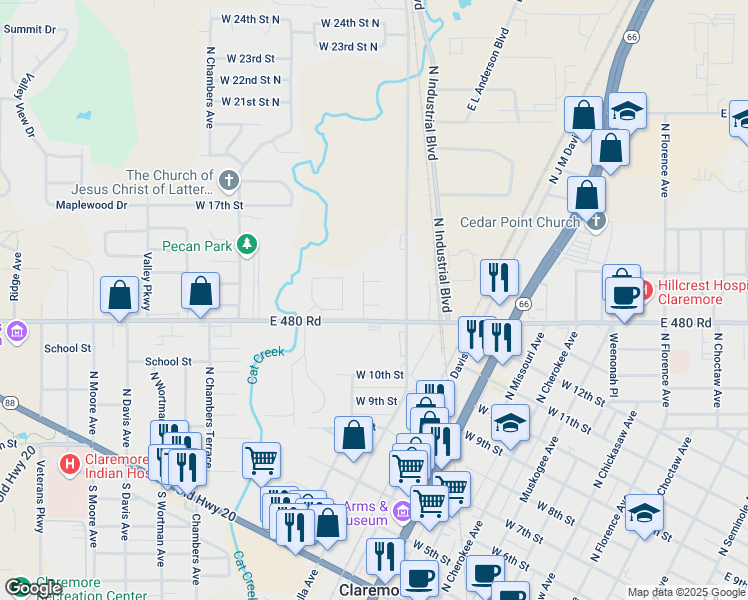 map of restaurants, bars, coffee shops, grocery stores, and more near 844 Highland Court in Claremore